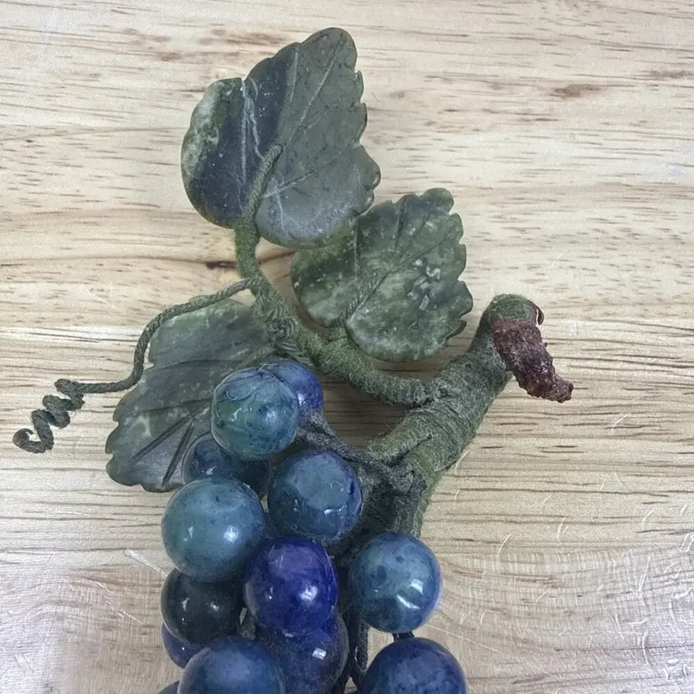 Vintage Set Of 2 Blue Agate Stone Grape Clusters With Jade Stone Leaves
